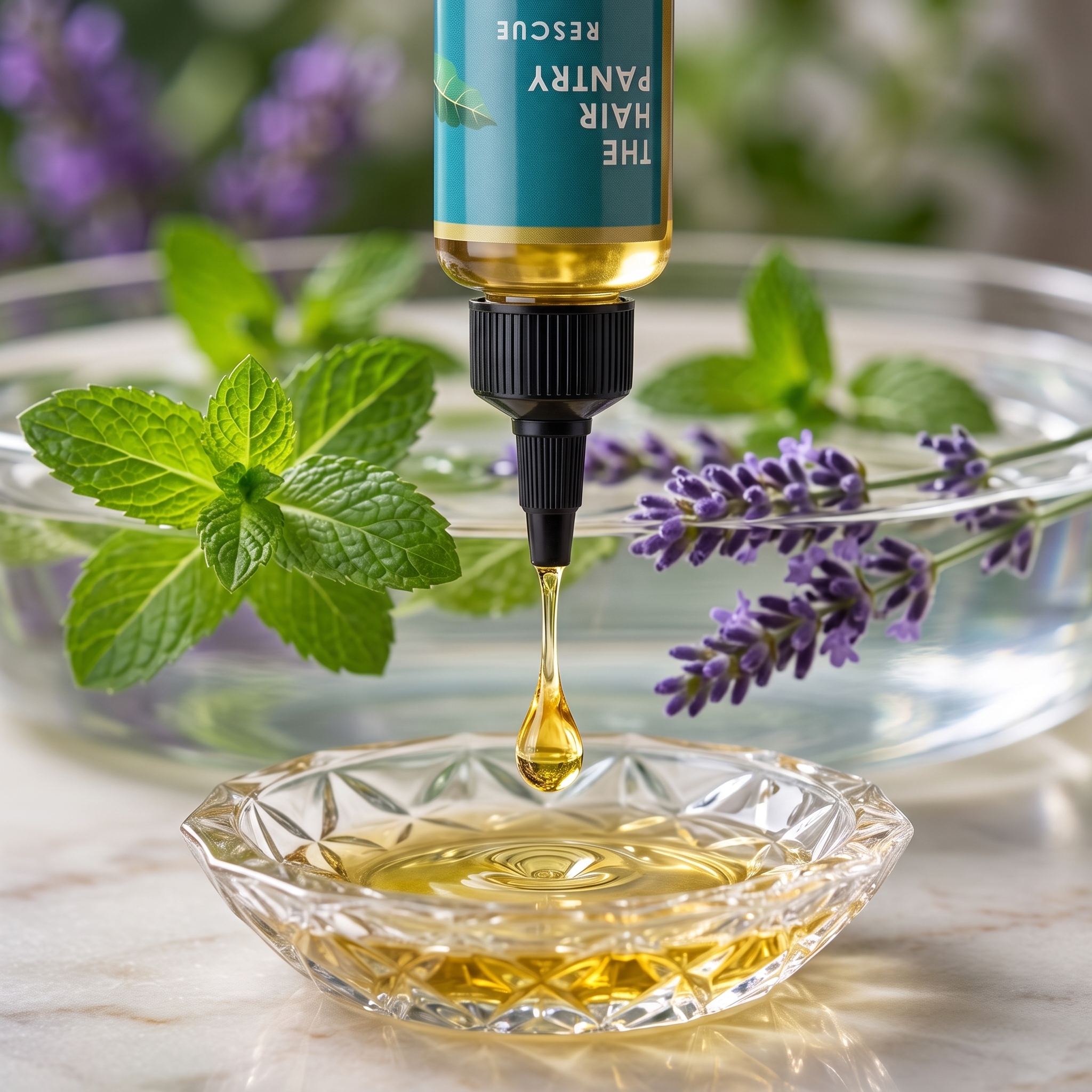 Golden organic hair oil dripping from nozzle tip into a glass dish