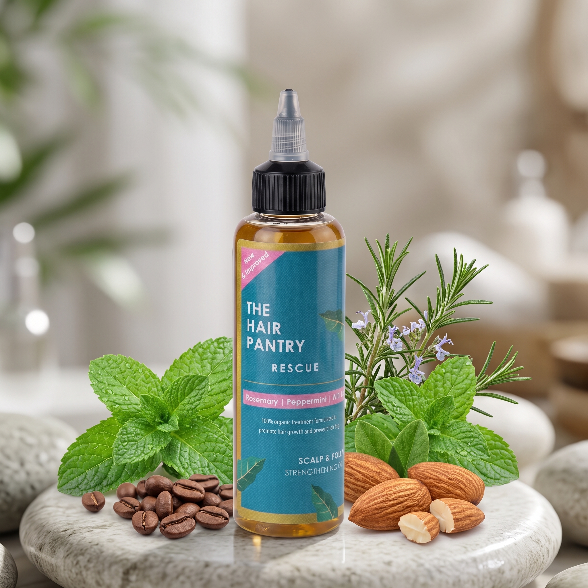 The Hair Pantry Rescue Growth Rosemary Mint Elixir hair oil bottle
